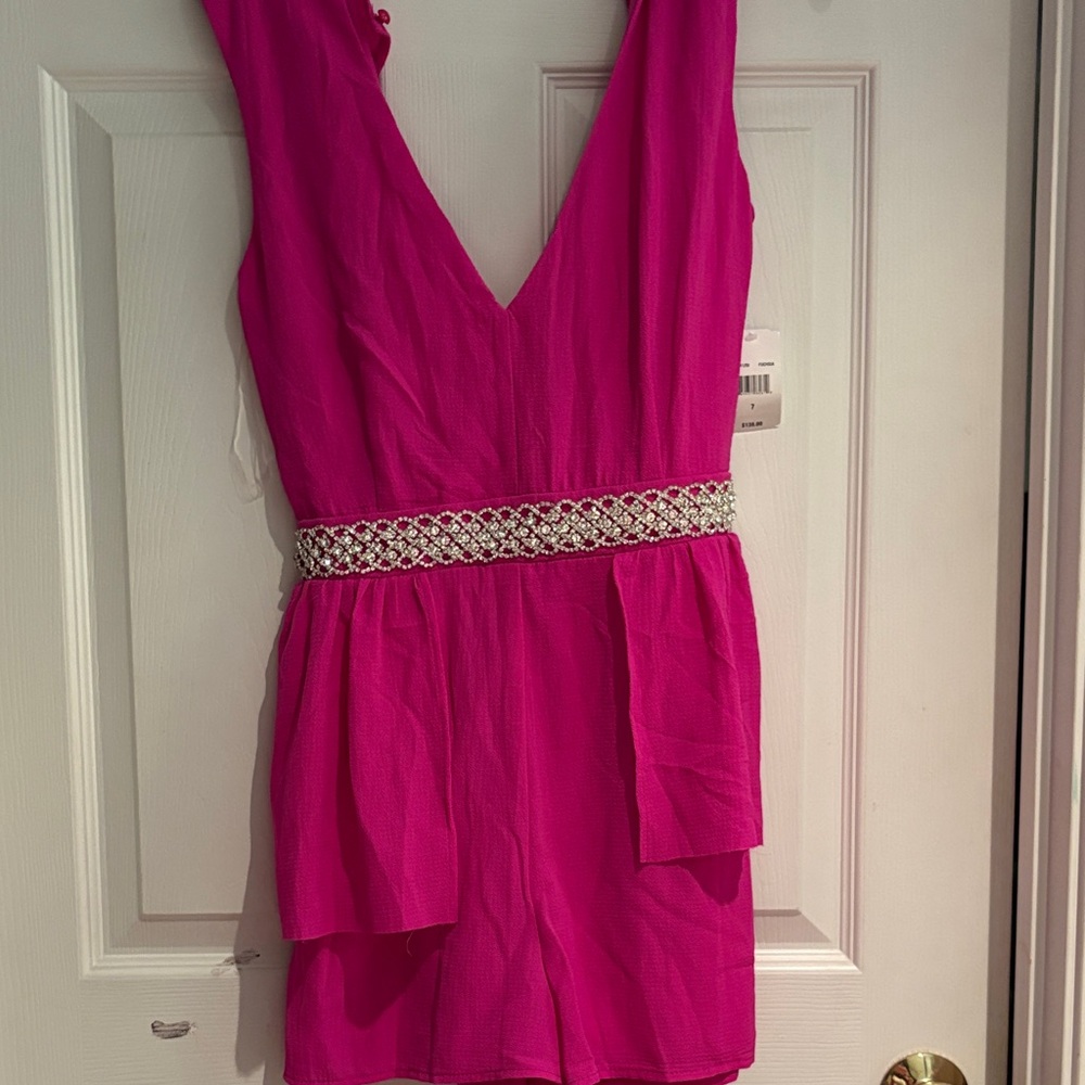 Pink Sleeveless Romper with Embellished Waist